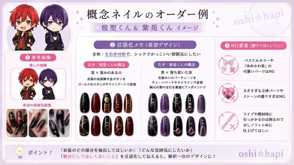【参考】赤と紫のユニット推し!概念ネイルのオーダー例